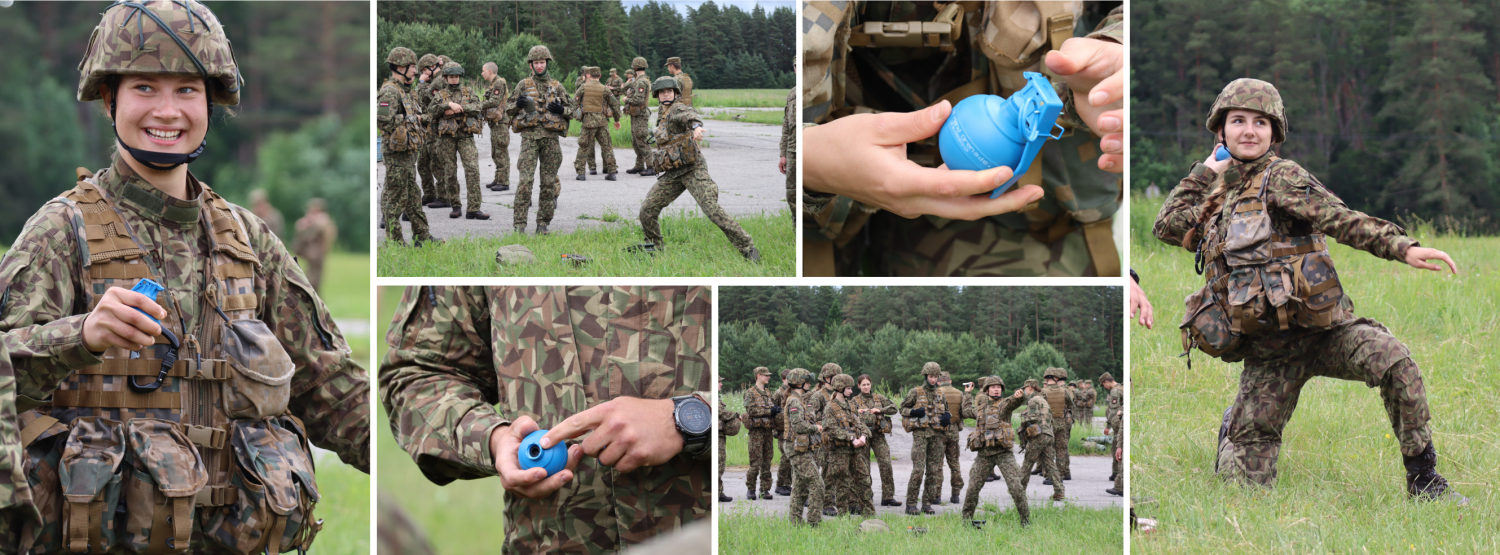 Kolāža ar bildēm no rokas granātas mešanas nodarbības